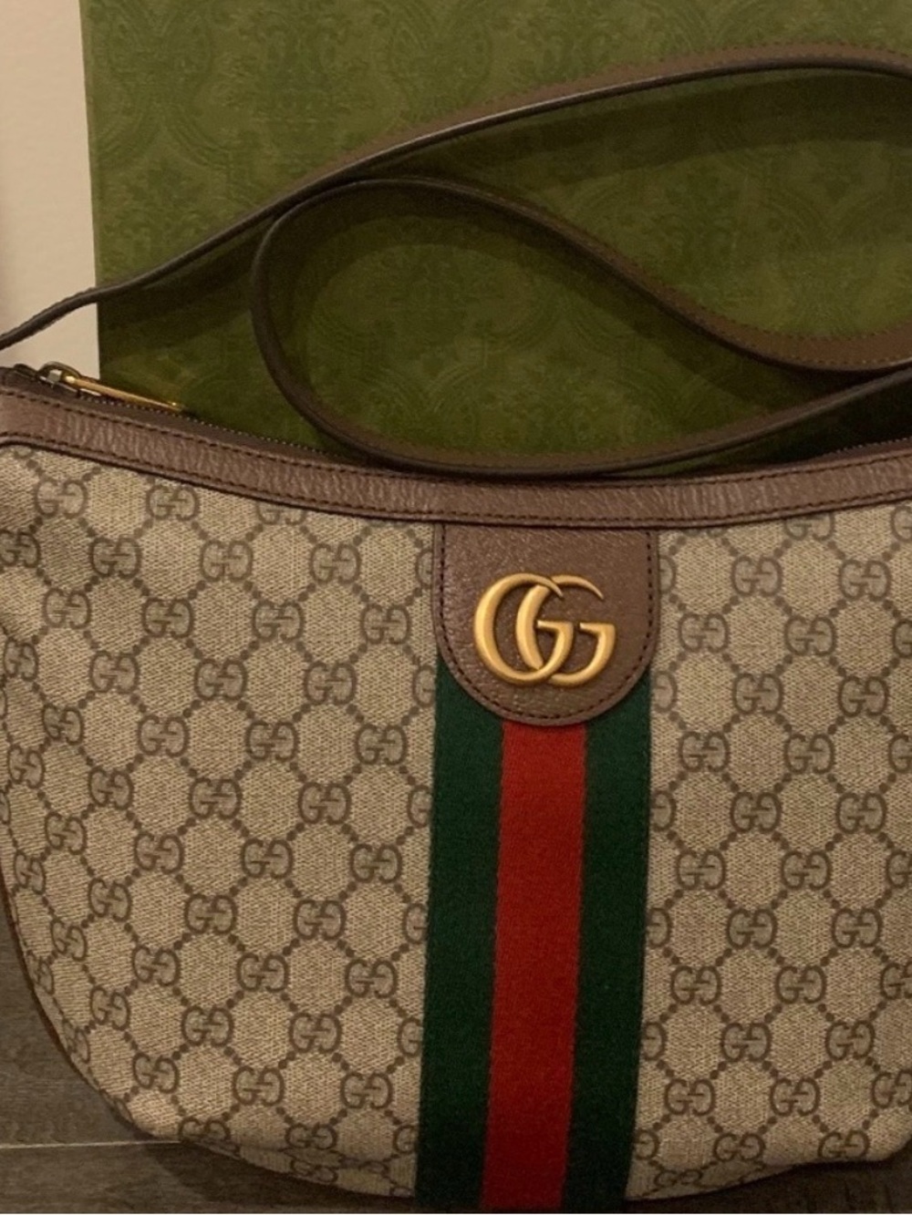 Gucci Beige GG Canvas Shoulder Bag with Green-Red Web and Brown Trim